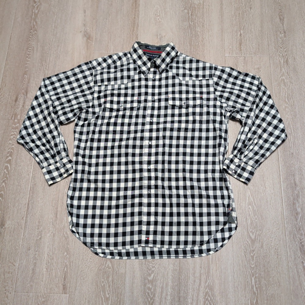 Tommy Hilfiger Western Shirt Mens Large Black White Buffalo Check Snap Up Cotton